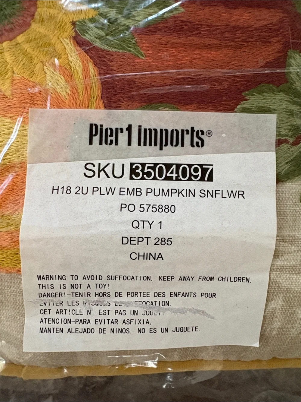 Pier 1 Imports pumpkin and Sunflower Embroidered Accent Decorative Pillow NEW